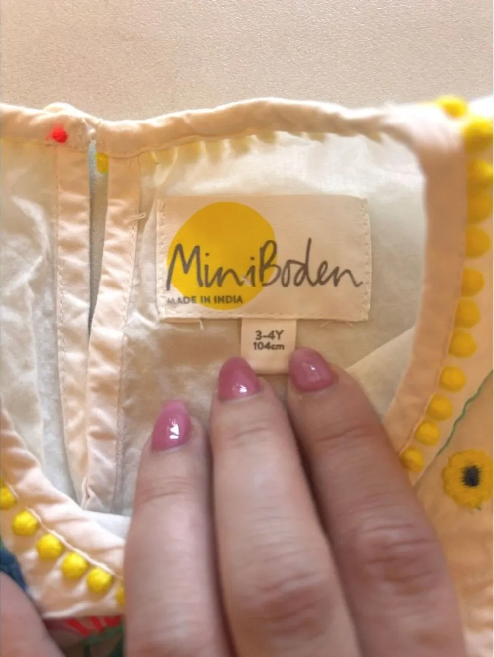 Mini Boden Girls' Embroidered White Cotton Dress with Yellow Trim